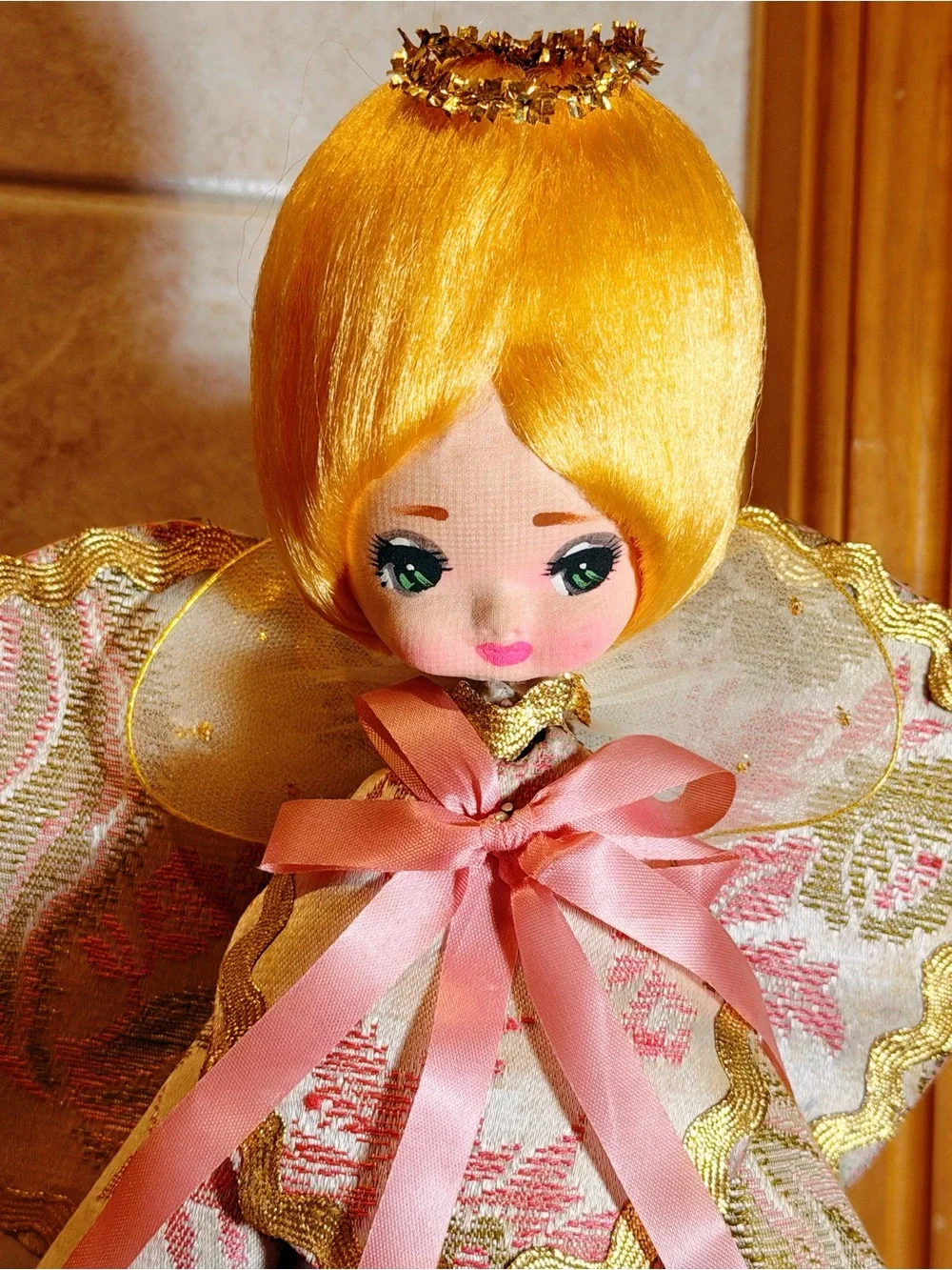 Rare Vintage Angel Doll Christmas Tree Topper Pink Gold Brocade Gorgeous